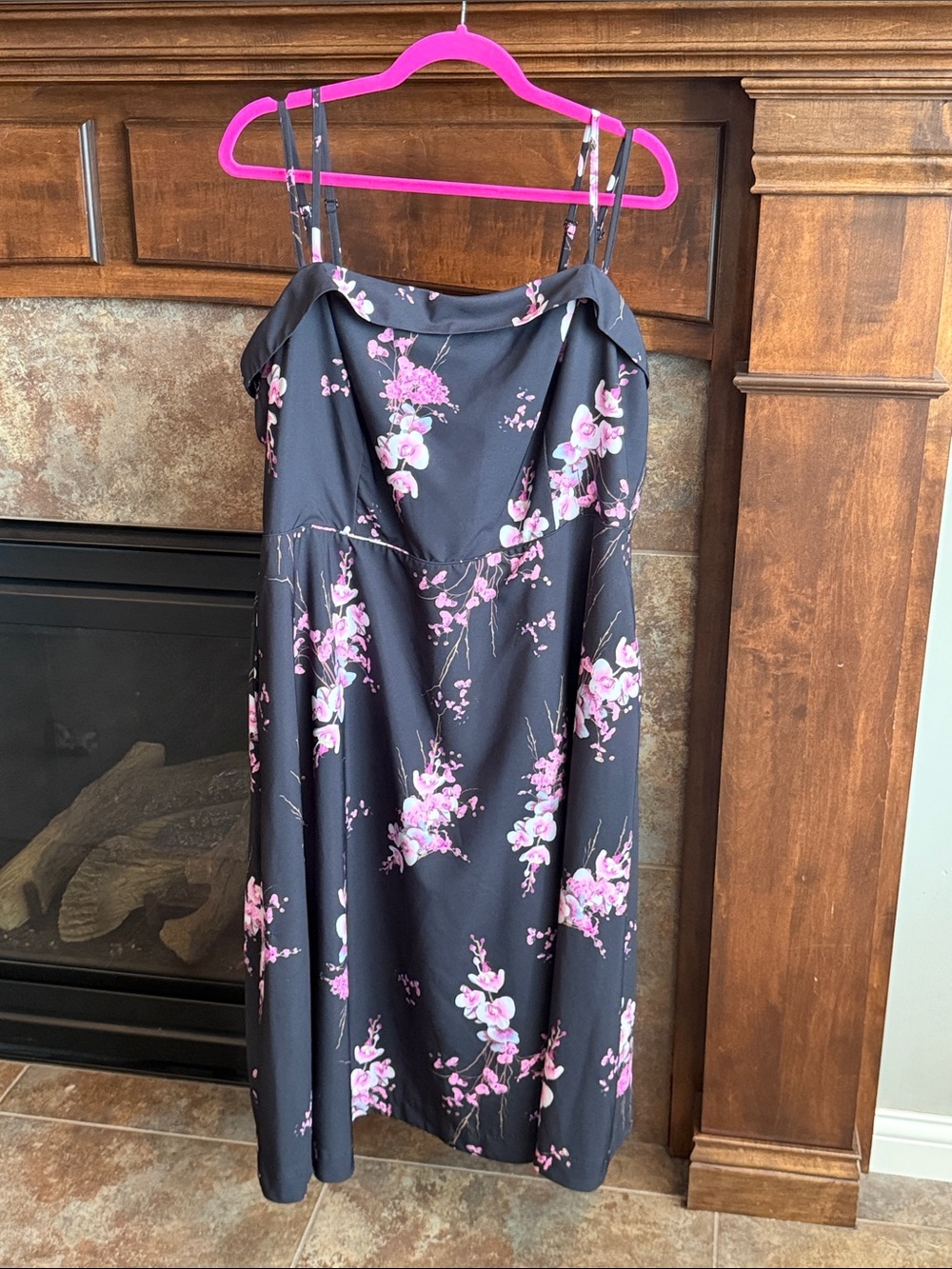 Black City Chic Floral Spaghetti Strap Midi Dress with Pink Blossoms size 18